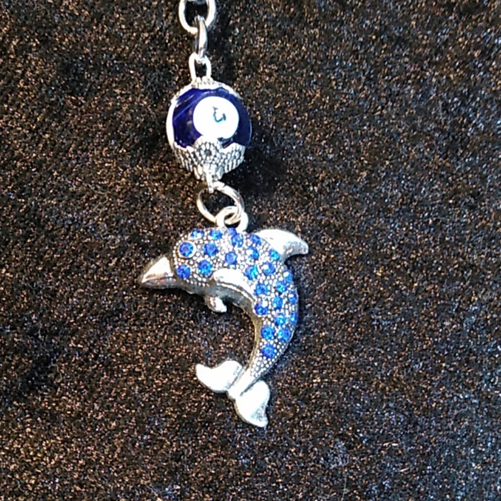 Keychain Silver Dolphin Blue Rhinestones - Picture 2 of 5